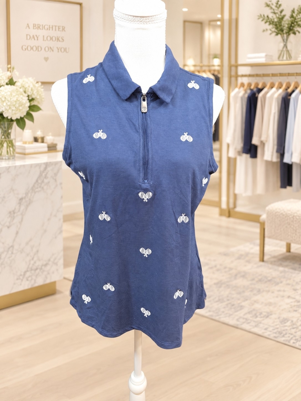 Sigrid Olsen Navy Sleeveless Polo Tank with White Tennis Motifs - Picture 8 of 9